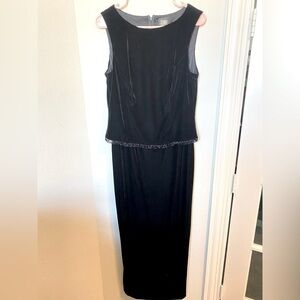 Vtg sleeveless long Evening gown by Teddi, black velour, beaded hem, sz 12, 80s
